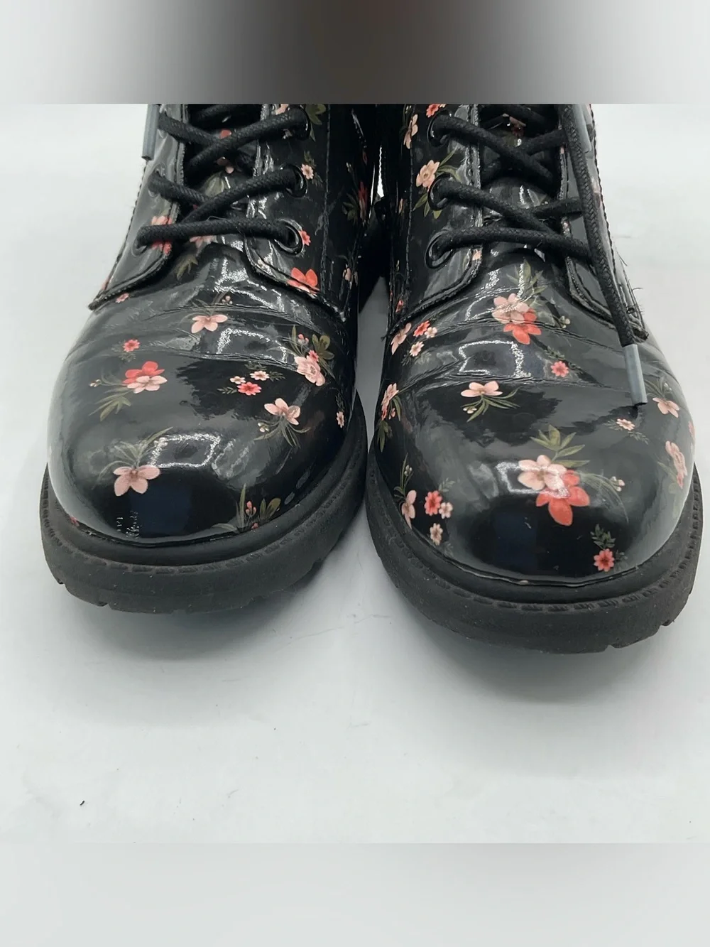 H&M Floral Patent Combat Boots Size 4 Black Lace Up Side Zip